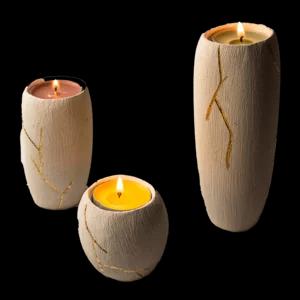 Tris di porta candele in pietra leccese, Linea Kintsugi | Artigiano in Fiera