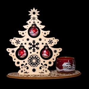 Albero di Natale in legno con palline e portalumino in vetro soffiato dipinto a mano, 24cm | Artigiano in Fiera