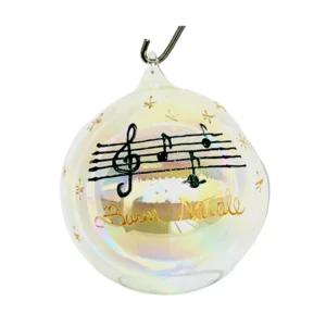 Pallina di Natale in vetro soffiato bianca con pentagramma musicale e personalizzabile, Ø 10cm | Artigiano in Fiera