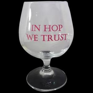 Calice da birra in vetro con decorazione originale "In Hop We Trust", h15cm | Artigiano in Fiera